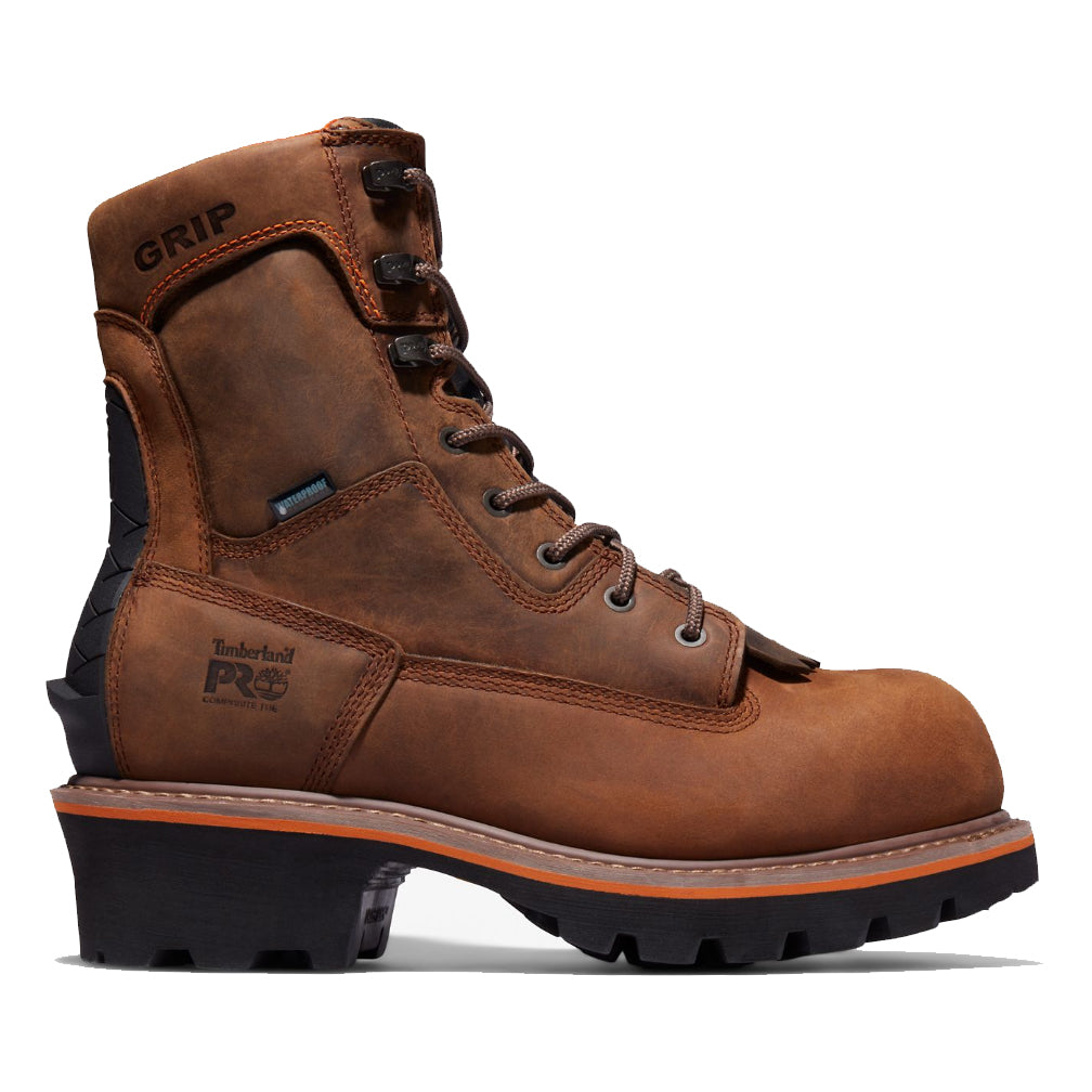 Brown leather waterproof Timberland Evergreen NT logger work boot with a high ankle design and sturdy sole.