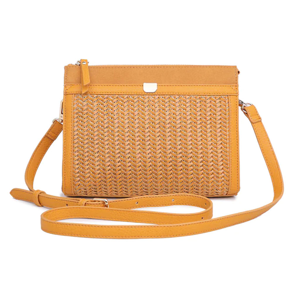 A tan woven Moda Luxe Hollie Top Zip crossbody bag with a shoulder strap.