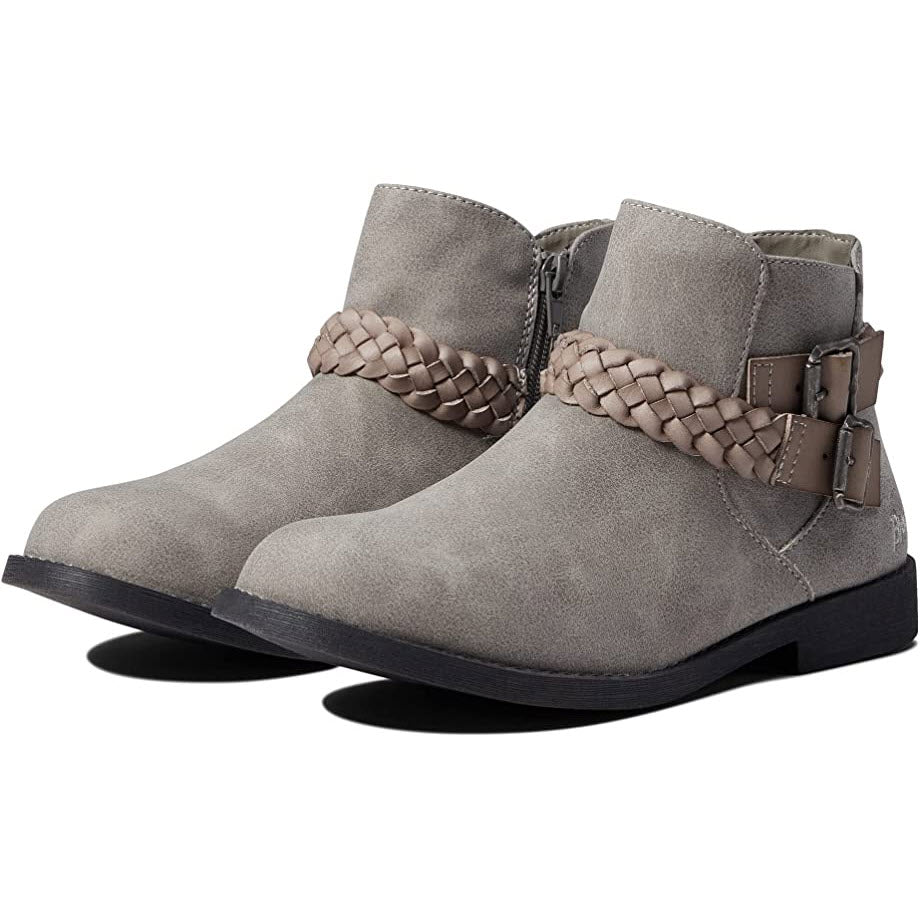 A pair of trendy Girls Blowfish Souvenir Smokey Grey ankle boots with braided detail and a buckle strap.