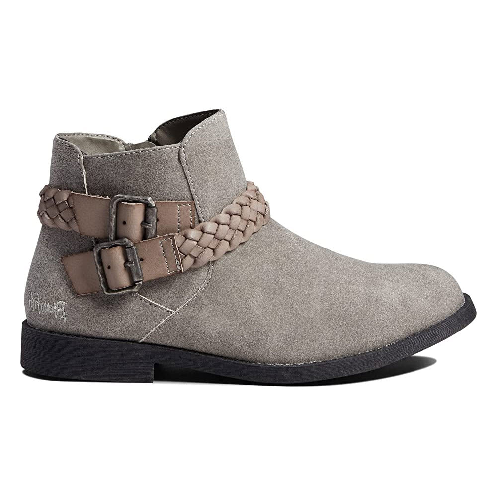 Single trendy gray ankle boot with braided strap and buckle detail for girls from Blowfish.