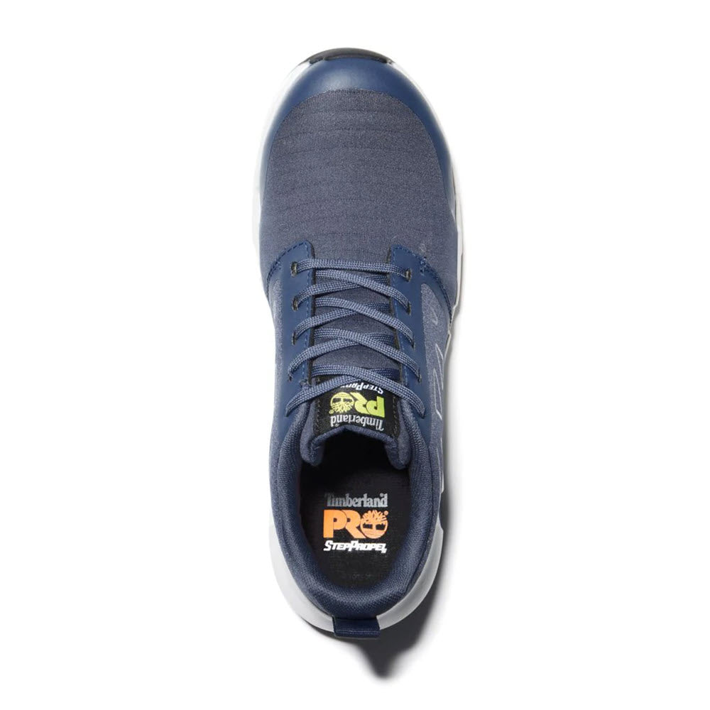 Top view of a single blue Timberland PRO Powertrain Sprint Alloy Toe work shoe on a white background.
