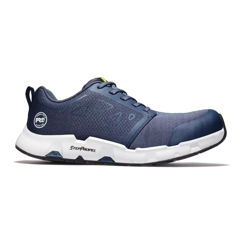 Description: A single navy blue Timberland PRO Powertrain Sprint athletic shoe with white sole and a logo on the side, featuring alloy-toe work shoes.