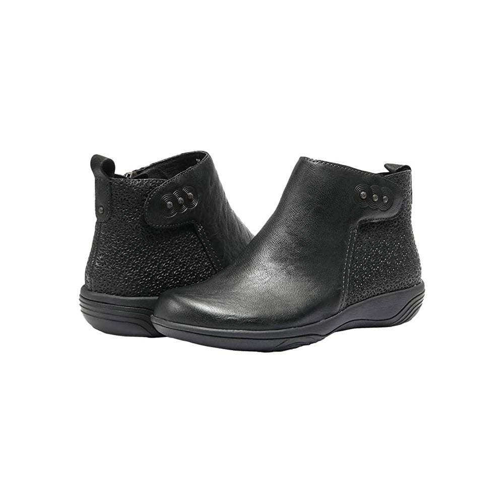 A pair of black leather Halsa HALSA ALTHEA BLACK - WOMENS ankle bootie with button details.