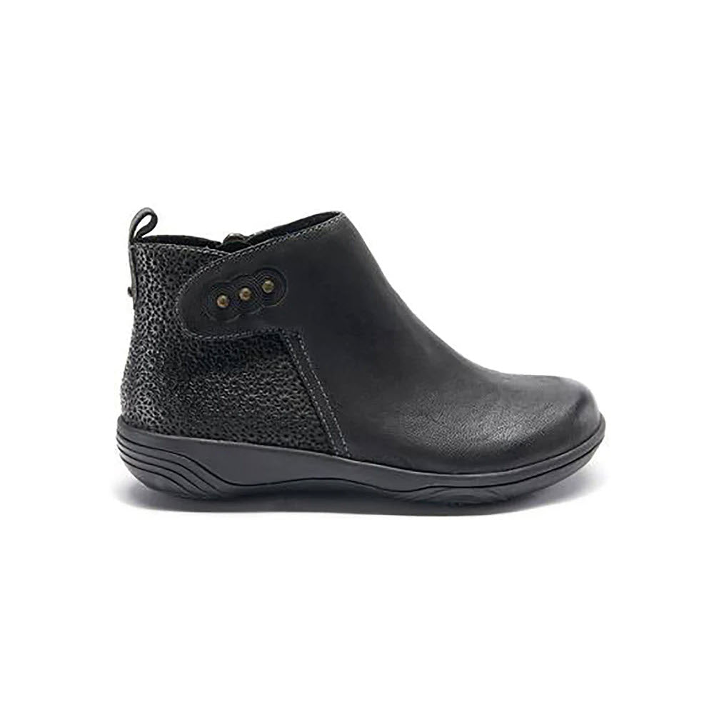 HALSA ALTHEA BLACK ankle bootie with textured details on a white background.
