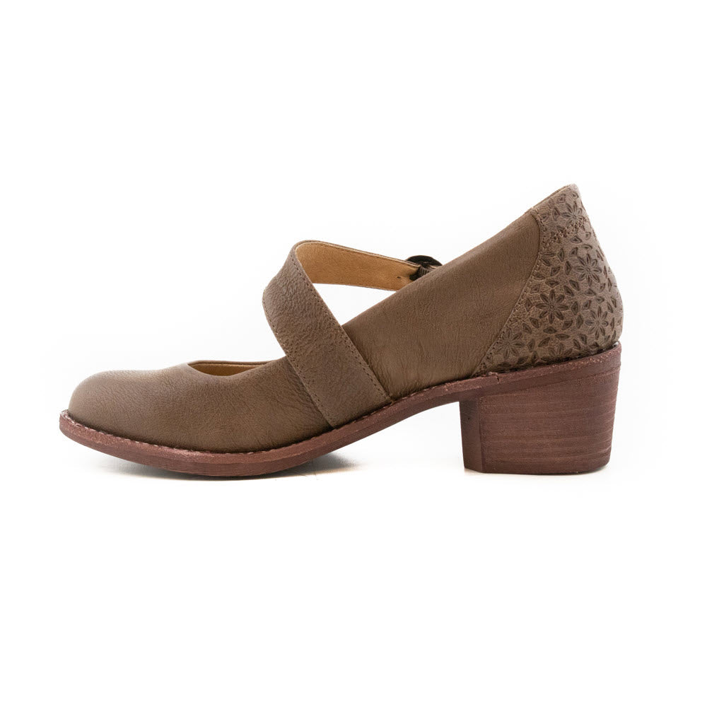 Leather upper brown HALSA MIA TAUPE Mary Jane shoe with a patterned design on a low heel, displayed on a white background.