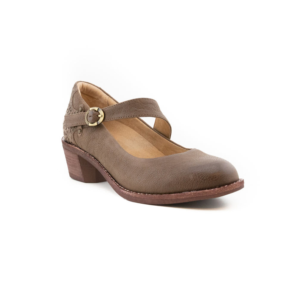 A HALSA MIA TAUPE - WOMENS leather upper mary jane style shoe with a strap and buckle, featuring a low wooden heel, isolated on a white background.
