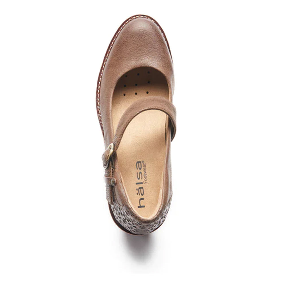 Top view of a single HALSA MIA TAUPE loafer with a buckle and leather upper on a white background.