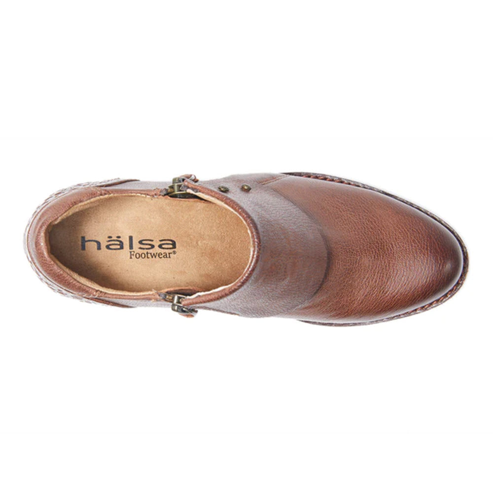 A single Halsa Michelle Dark Brown - Womens hand tooled leather shoe viewed from above.