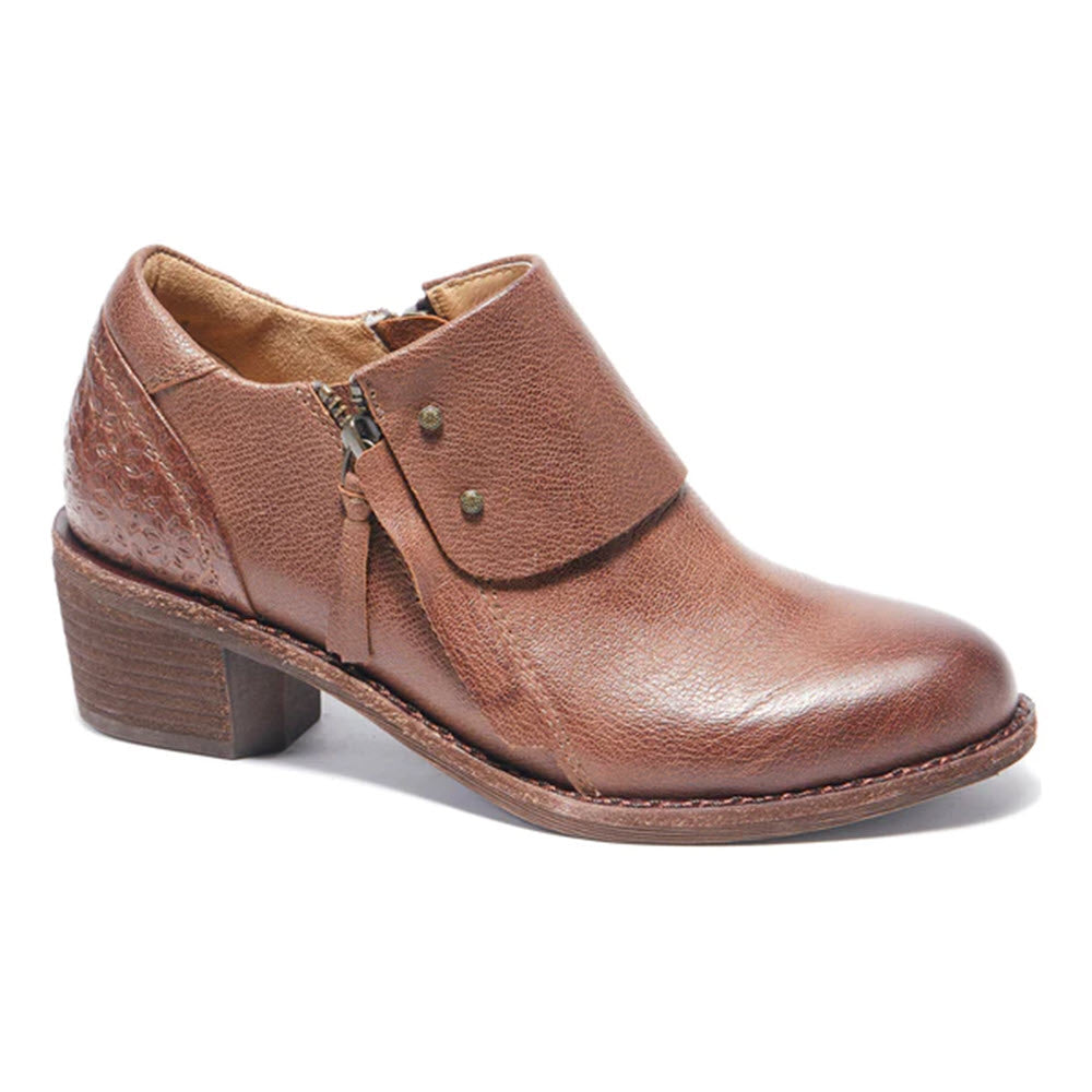 Halsa Michelle Dark Brown - Womens hand-tooled leather shoe with a strap and side zipper.