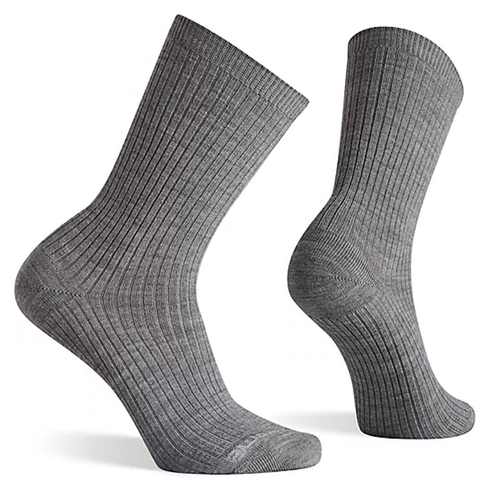 Pair of Smartwool textured solid crew socks in gray standing upright against a white background.
