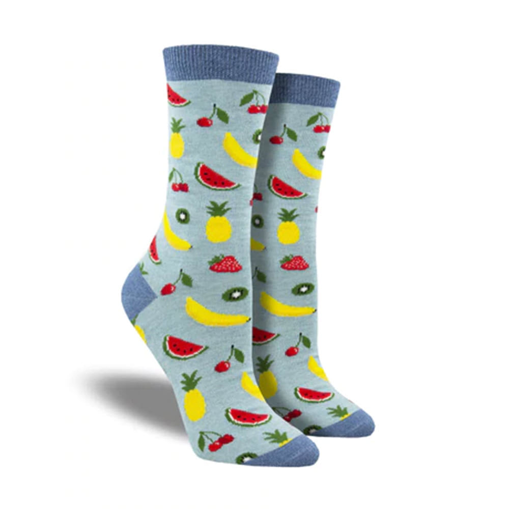 A pair of SOCKSMITH LETS GET FRUITY SOCKS BLUE with fruit patterns on a white background.