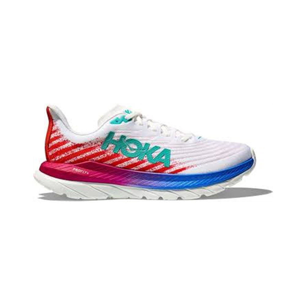 A colorful HOKA MACH 5 WHITE/FLAME running shoe with a gradient design from red at the heel to blue at the toe, displayed against a white background.
