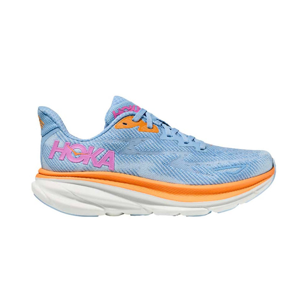 Hoka HOKA CLIFTON 9 AIRY BLUE/ICE WATER - WOMENS light blue cushioned running shoe with large white sole and pink accents, isolated on a white background.
