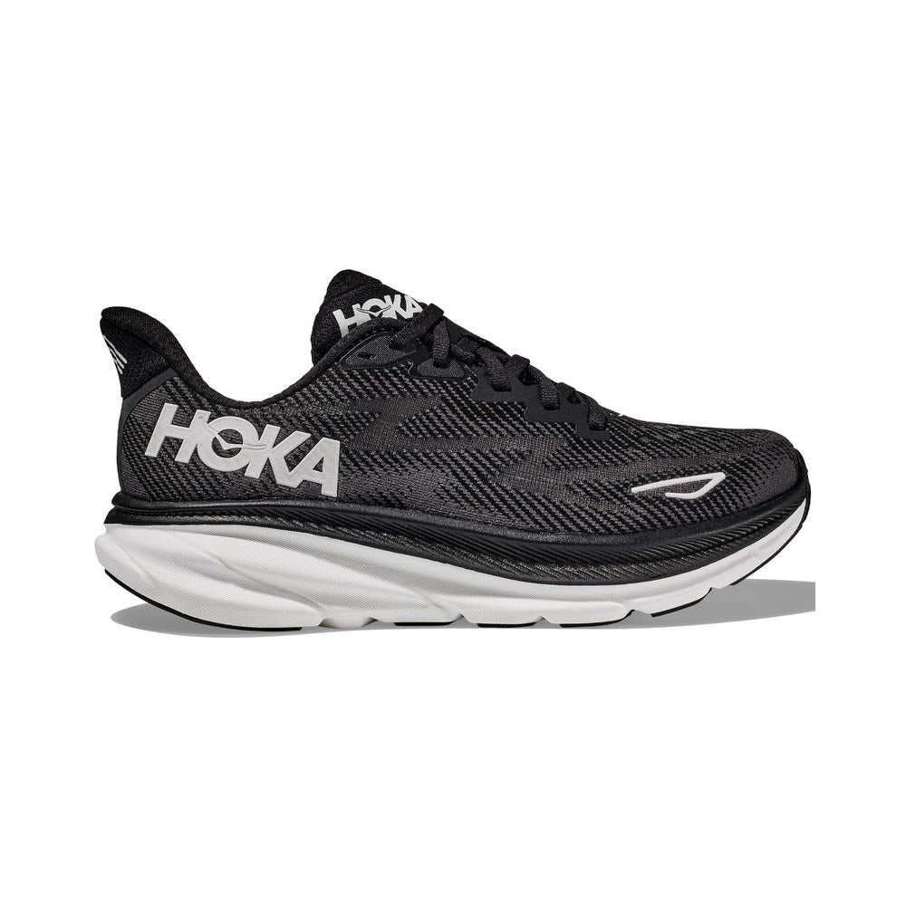 Sentence with replaced product: Black and white HOKA CLIFTON 9 cushioned running shoe on a white background.