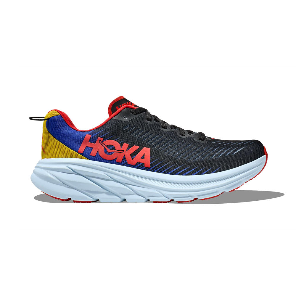 A Hoka Rincon 3 Black/Dazzling Blue running shoe featuring a vented-mesh upper with red and blue logo, yellow heel accent, and thick white sole.