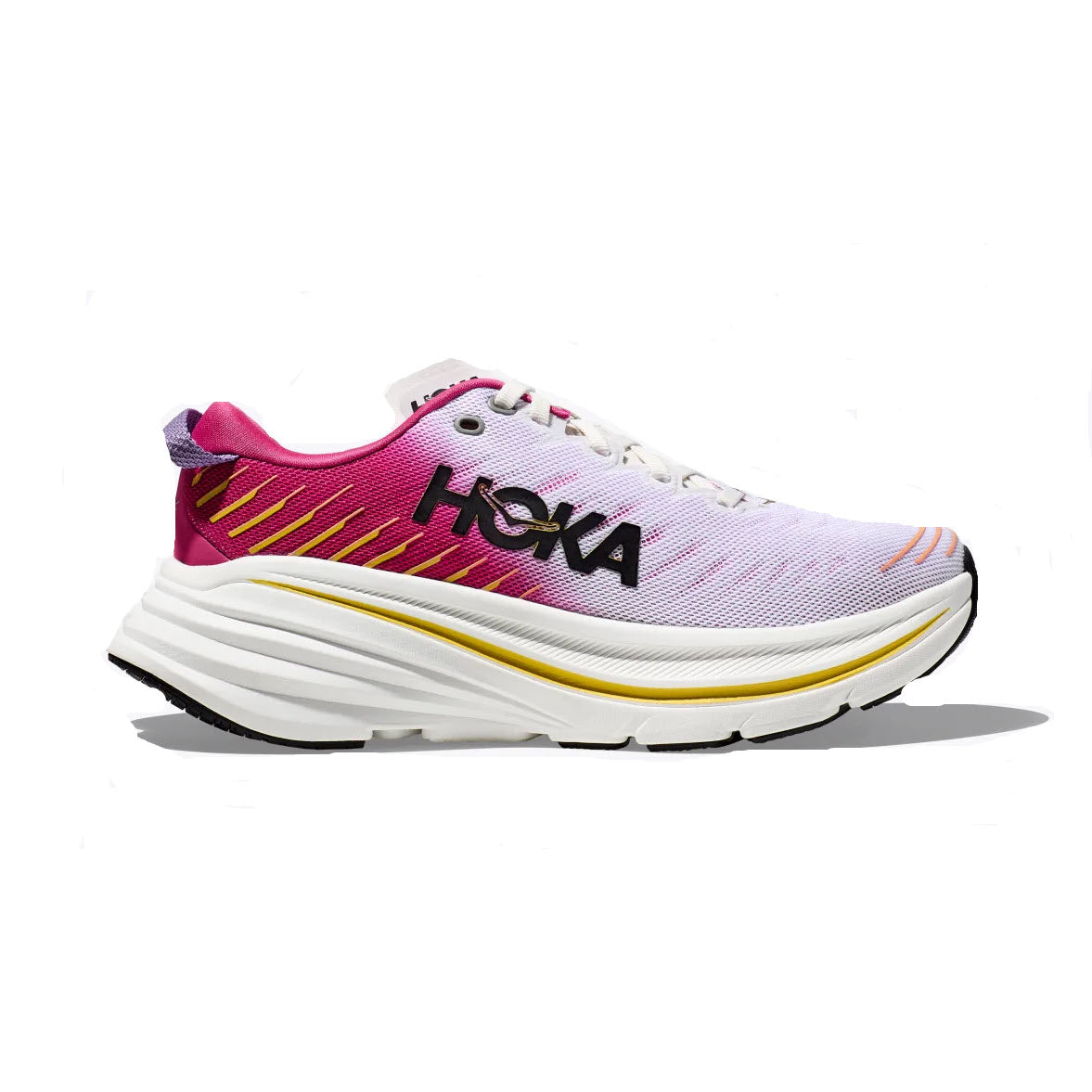 A Hoka Bondi X Blanc/Yarrow running shoe with a white and pink upper and thick white sole, featuring enhanced cushioning, isolated on a white background.