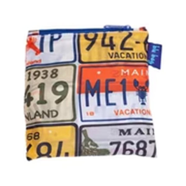 A colorful fabric pouch with a pattern of BLU BAG MAINE LICENSE PLATE license plates from various states by Rockflowerpaper.
