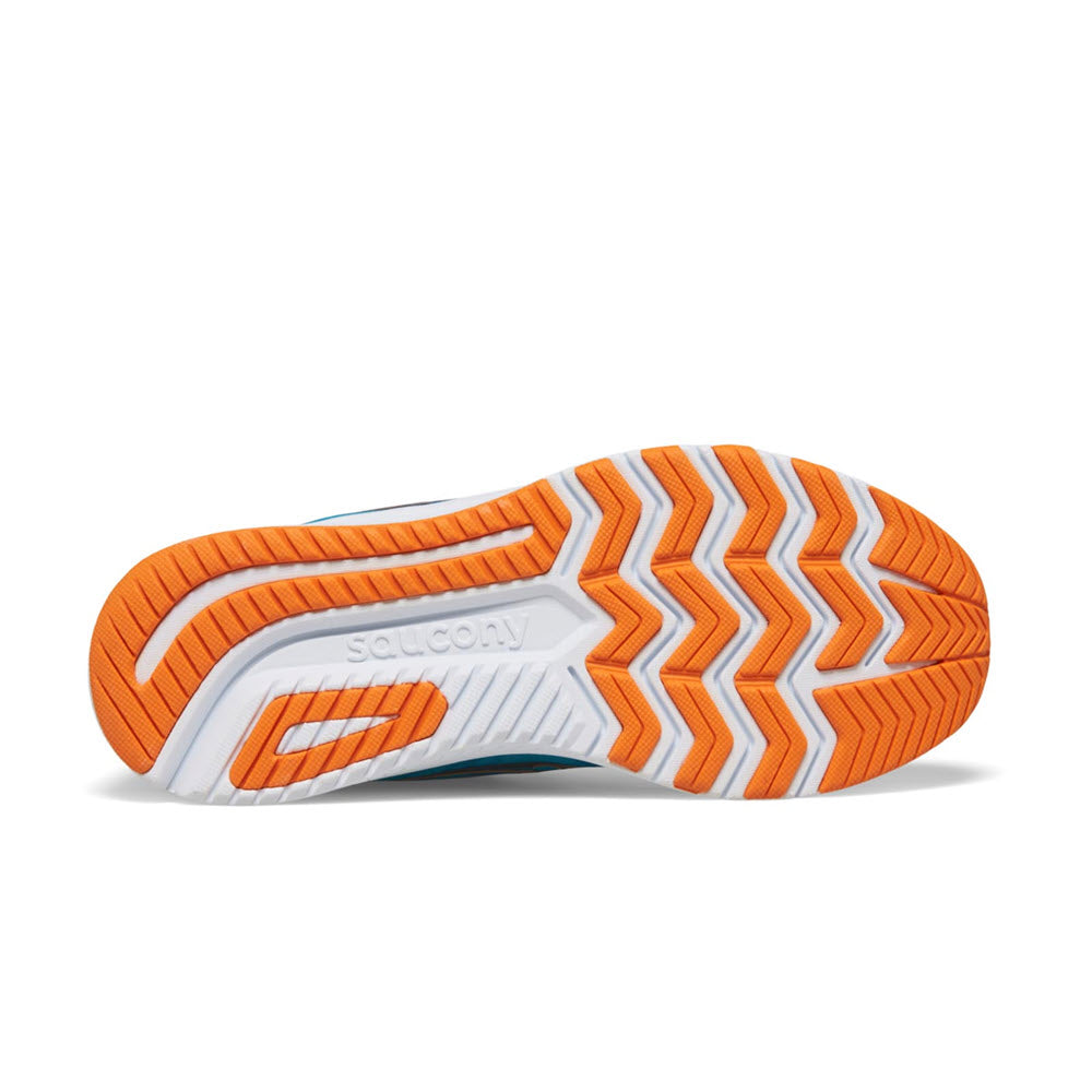Orange and white Saucony Guide 16 AGAVE/MARIGOLD - KIDS shoe sole with a zigzag tread pattern, PWRRUN cushioning, and visible brand name.