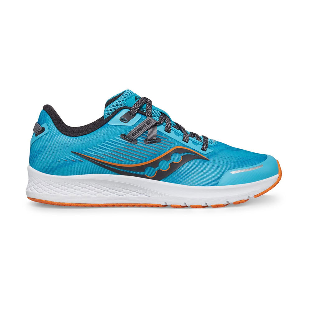 A single blue and orange Saucony Guide 16 Agave/Marigold - Kids running shoe with wave-like side patterns and Saucony&#39;s PWRRUN cushioning, displayed against a white background.