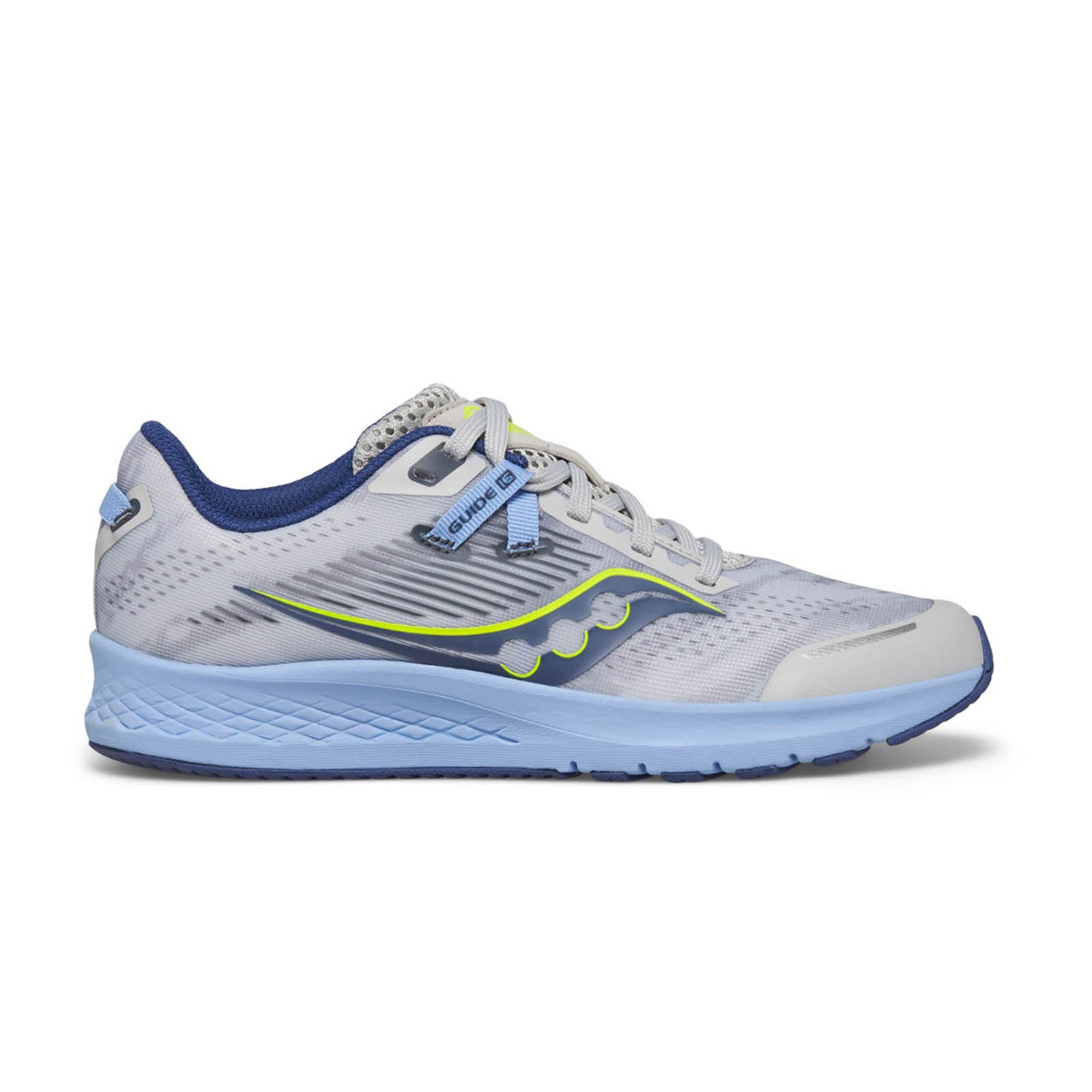 Side view of a light grey and blue Saucony Guide 16 running shoe with neon yellow accents on a white background.