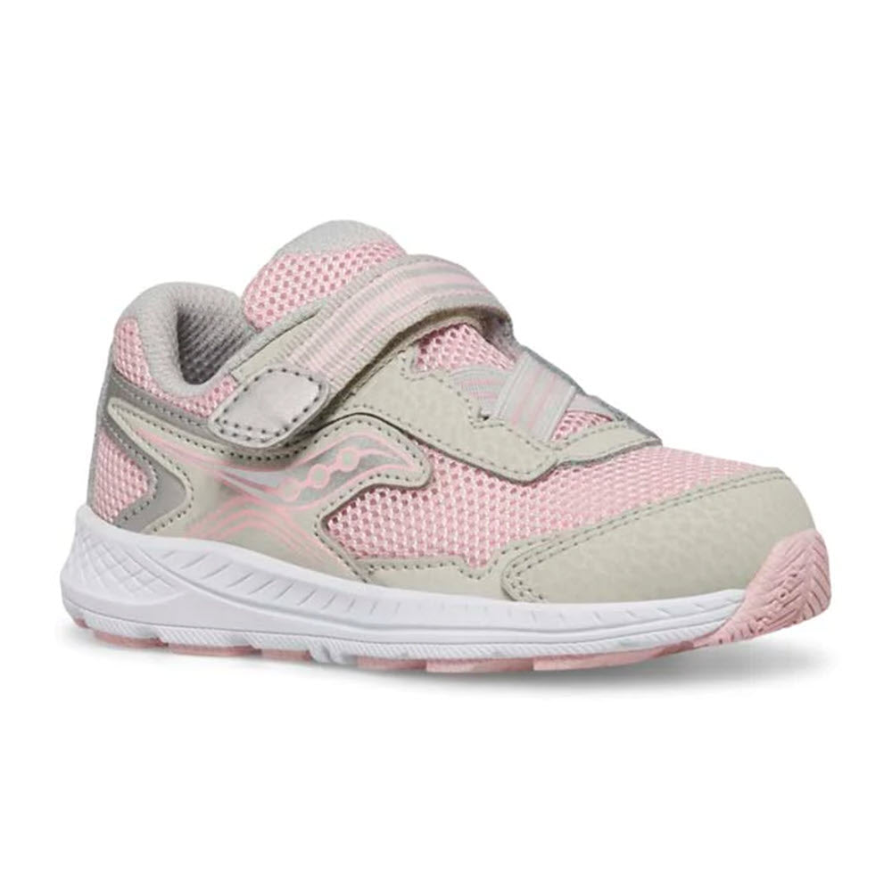 A pink and gray Saucony Ride 10 JR Blush kids sneaker with hook-and-loop straps and a textured sole, shown on a white background.