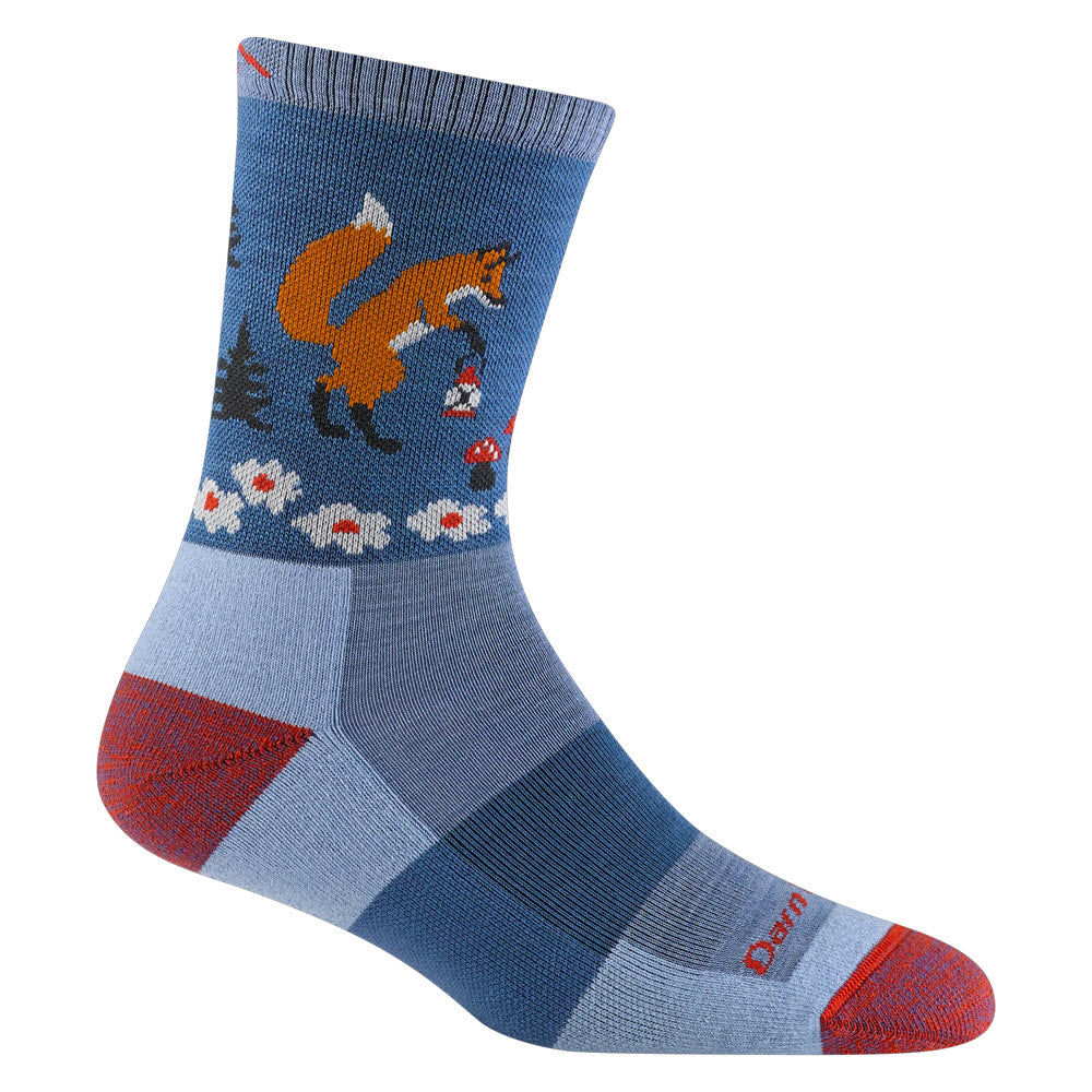 A blue Darn Tough Critter Club micro crew hiking sock with a fox pattern, cushioning, and reinforced red heel and toe areas.