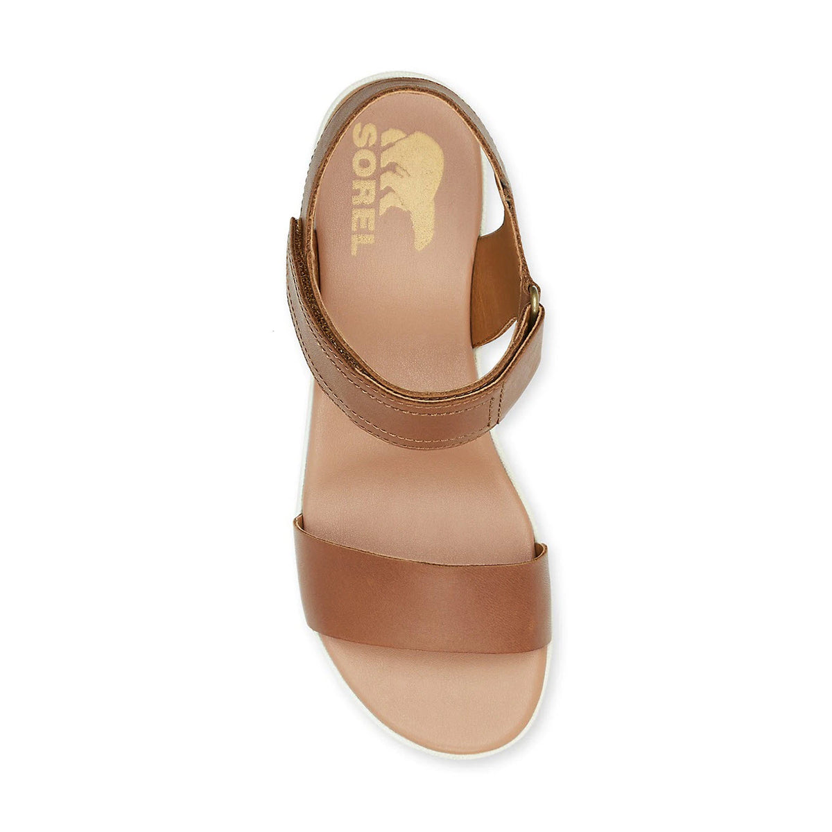 Top view of a Sorel Cameron Wedge sandal in Velvet Tan with a hook and loop closure on a white background.