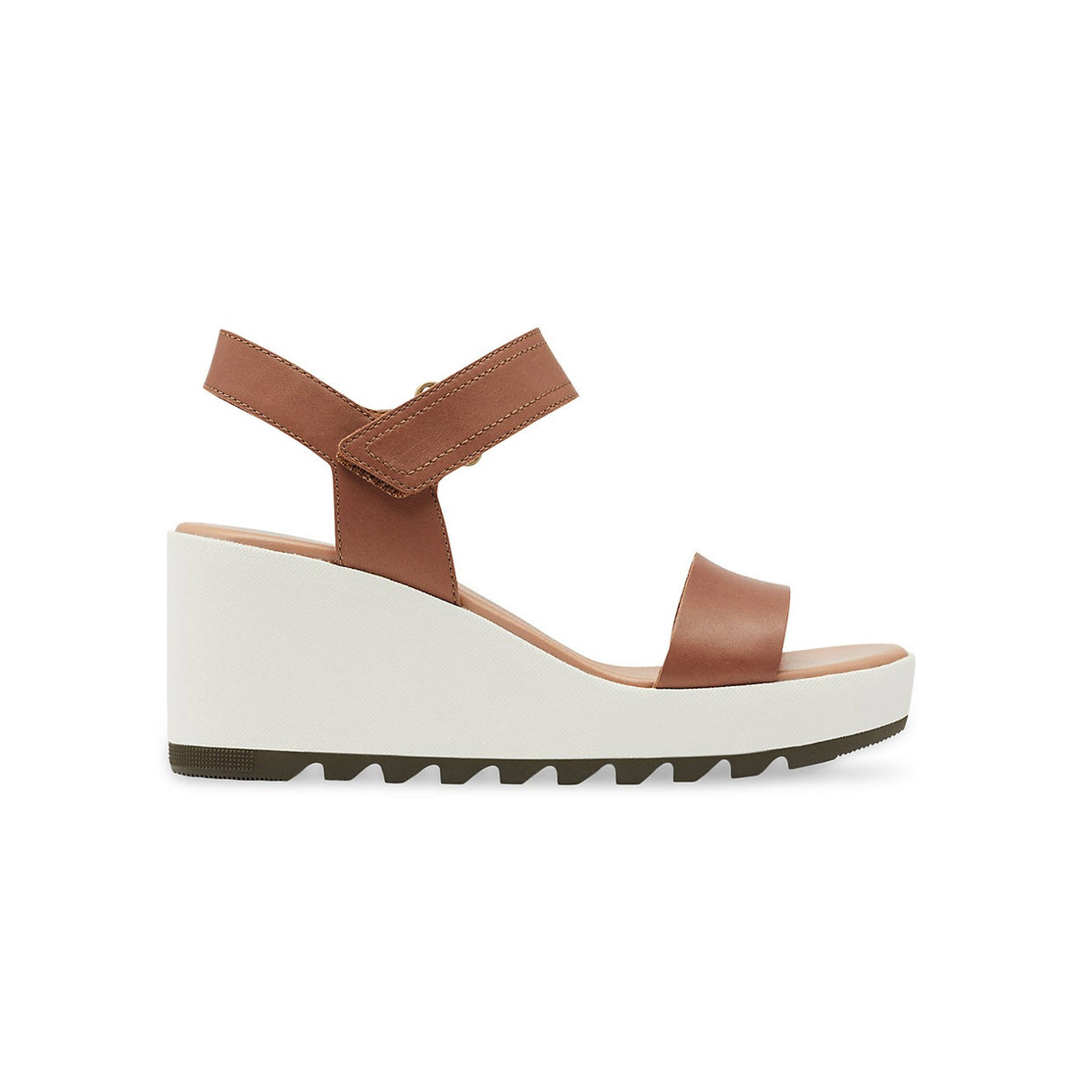 Brown leather strappy sandals with a thick white platform sole and a comfortable EVA footbed, isolated on a white background. - SOREL CAMERON WEDGE SANDAL VELVET TAN - WOMENS by Sorel