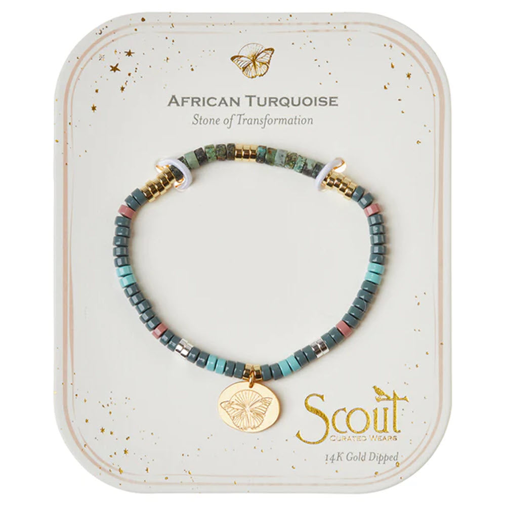 SCOUT CHARM BRACELET African turquoise and enamel beads bracelet on a decorative display card, imbued with positive intention.