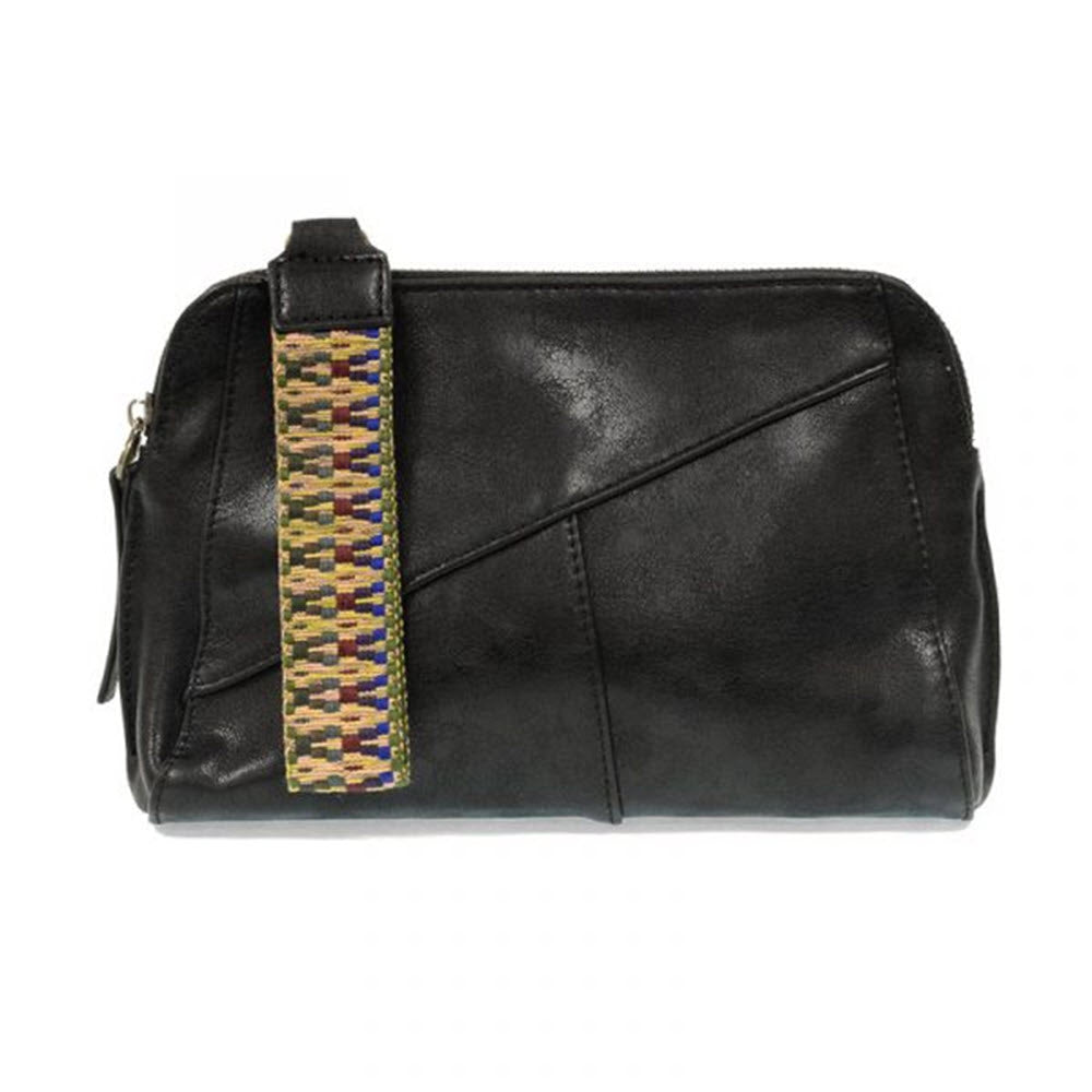 Joy Susan black vegan leather clutch with a diagonal zipper and a colorful striped detail on the center.