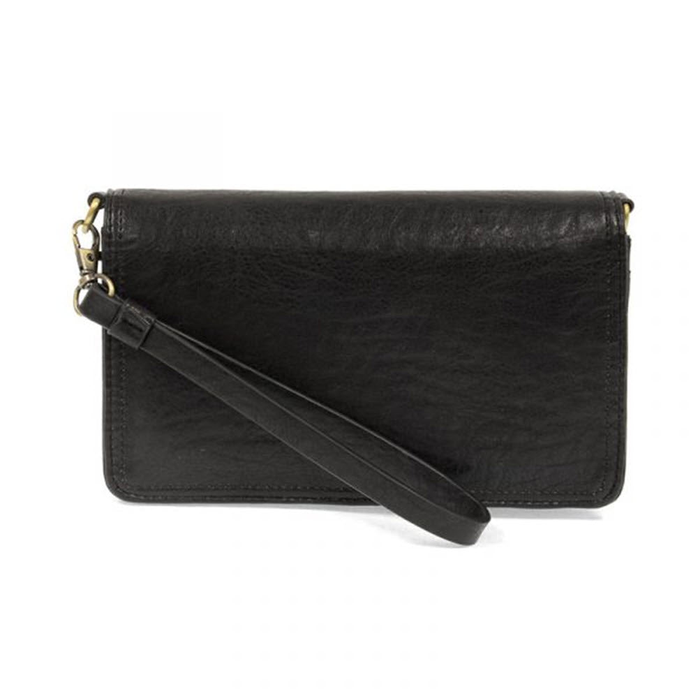 JOY SUSAN Black vegan leather wristlet purse with a zipper and detachable strap, isolated on a white background.