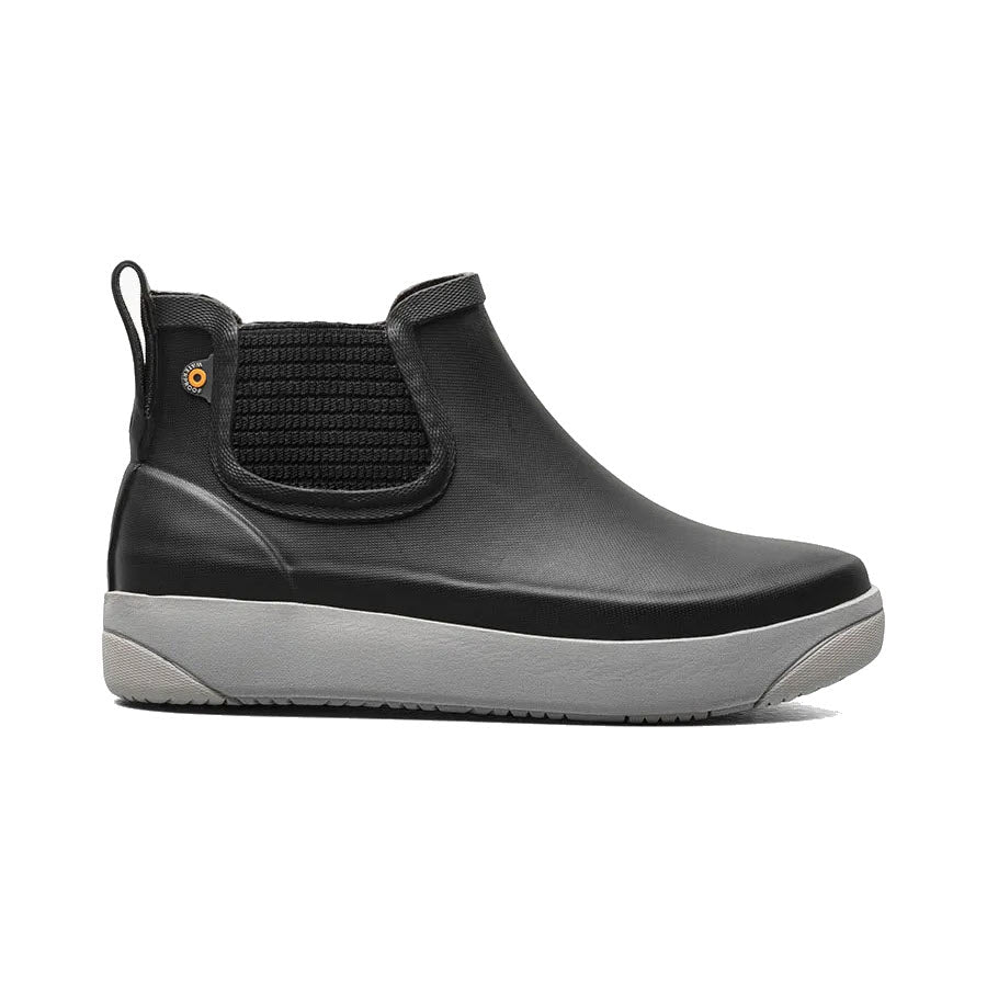Bogs Kicker Rain Chelsea II Black slip-on boot with a white sole and elastic side panels, designed for functional use.