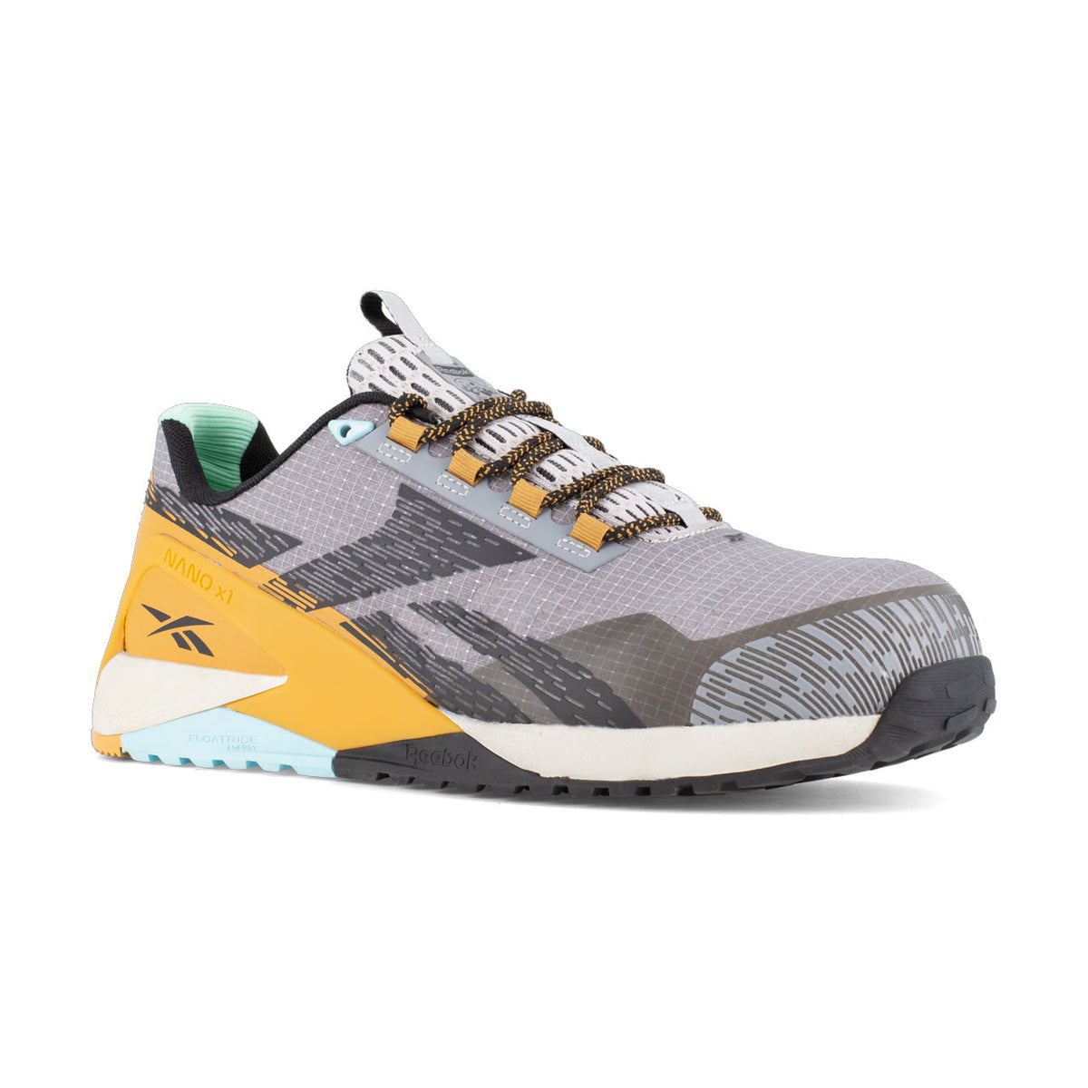 A single Reebok Work Nano X1 trail running shoe with a gray camouflage pattern and yellow accents, featuring a rugged sole and Floatride Energy Foam, displayed against a white background.