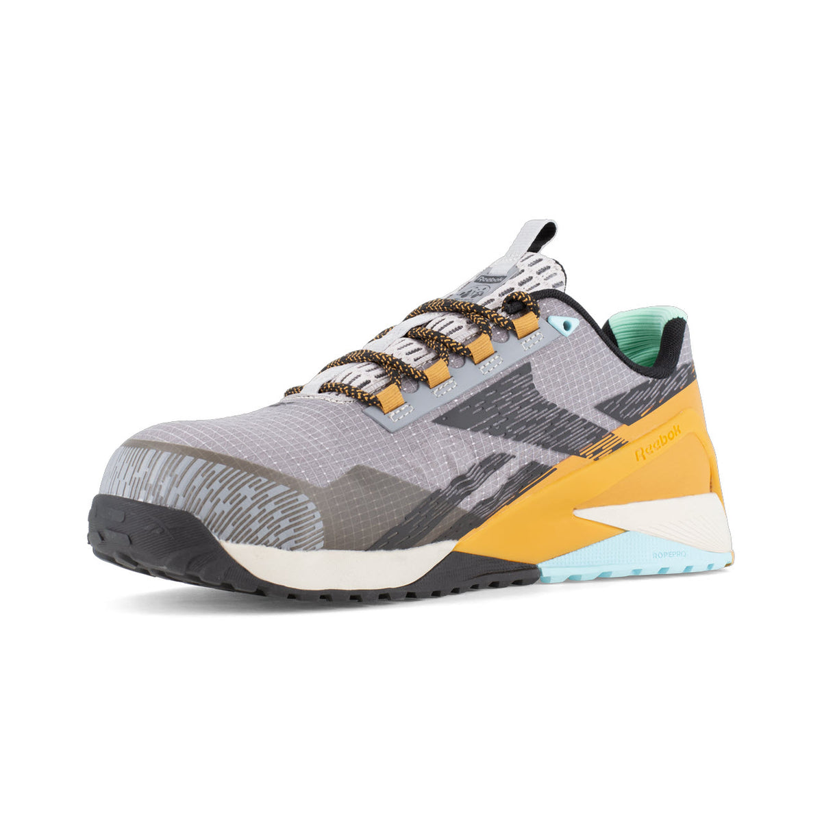 Side view of a modern athletic Reebok Nano X1 shoe with a patterned grey upper and accents of yellow and aqua, featuring Floatride Energy Foam.