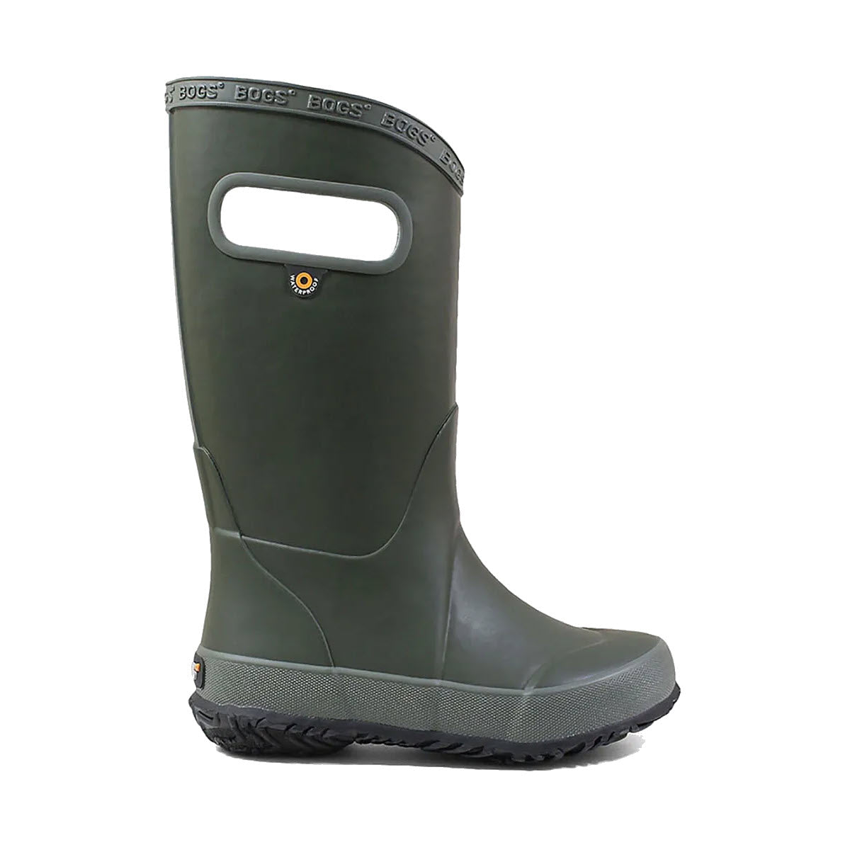 Sentence with replaced product:
Bogs Rainboot Dark Green - Kids with handle cutouts and logo detail at the top, waterproof.