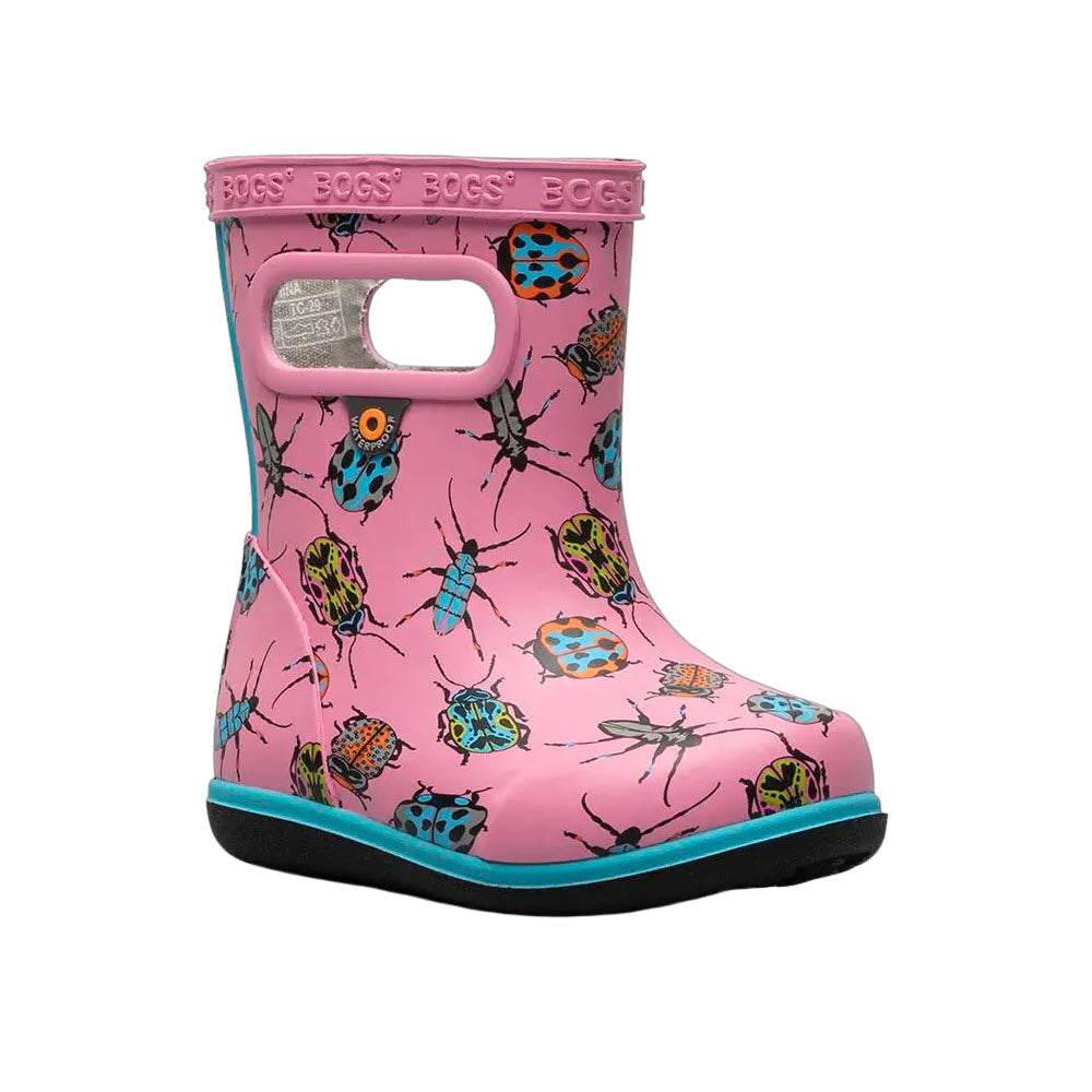 A single BOGS SKIPPER II BUGS BLUSH PINK - KIDS rain boot with a colorful insect pattern and blue trim, featuring a handle on the side and equipped with moisture-wicking lining.