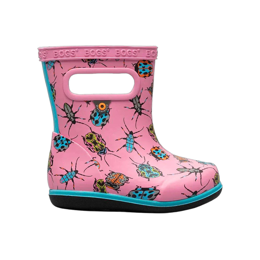 Bogs Skipper II Bug Blush Pink children&#39;s rain boots with colorful insect print and handle, isolated on a white background.