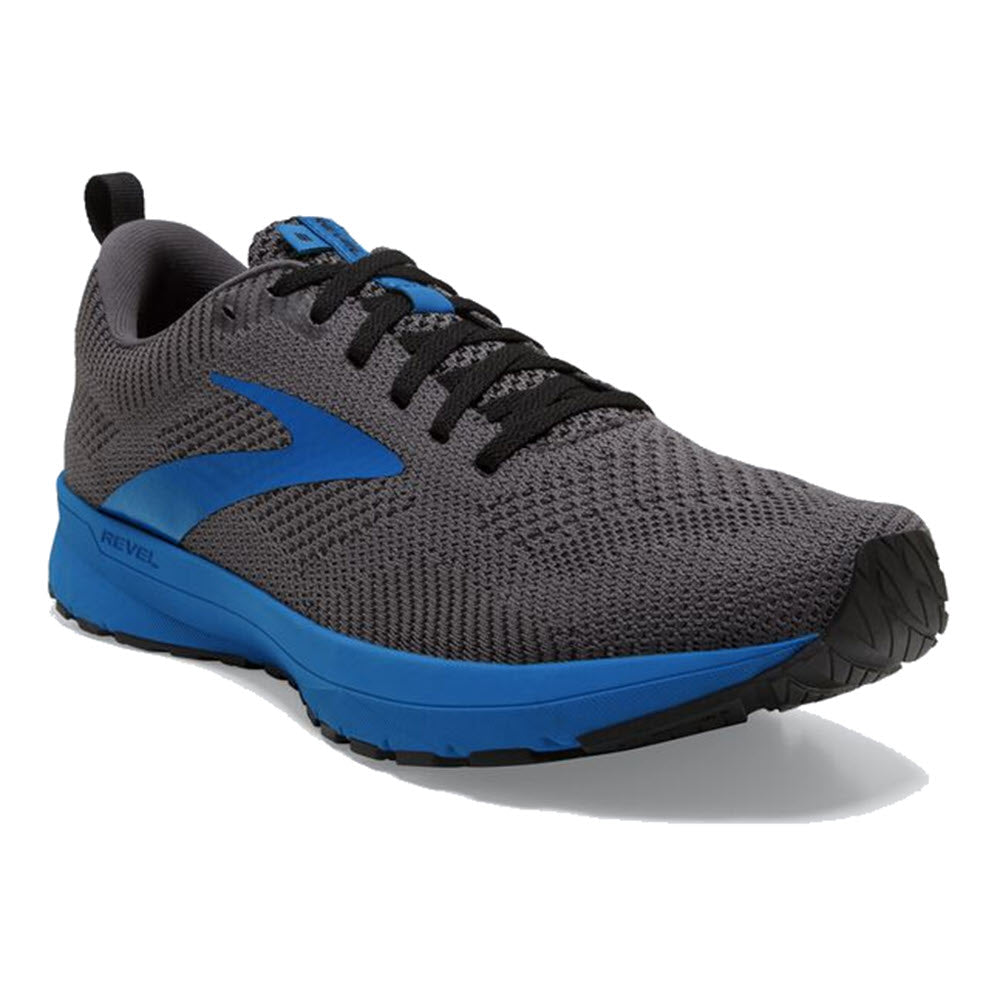 A black, grey, and blue Brooks Revel 5 men&#39;s running shoe with a prominent logo on the side, featuring a knit upper and sturdy rubber sole.