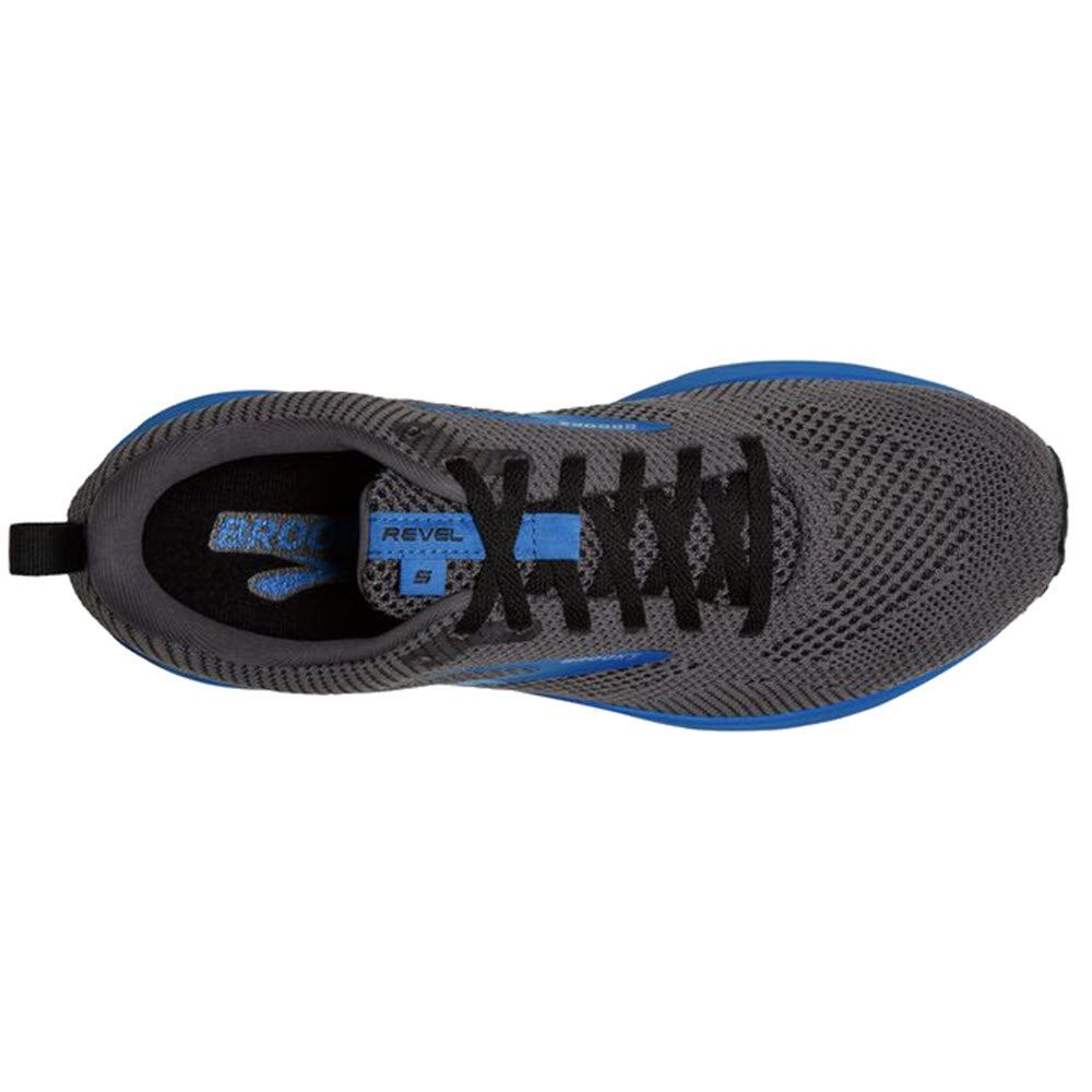 Top view of a men&#39;s Brooks Revel 5 running shoe showing laces, the inner label, and its knit upper.