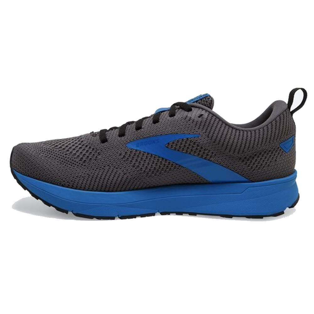 A gray and blue Brooks Revel 5 men&#39;s running shoe displayed in profile view with knit upper fabric and visible branding.