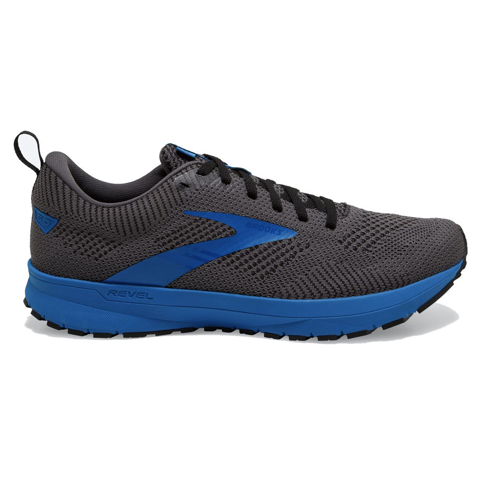 A black/grey/blue men&#39;s Brooks Revel 5 running shoe with a knit upper and a prominent side logo on a white background.
