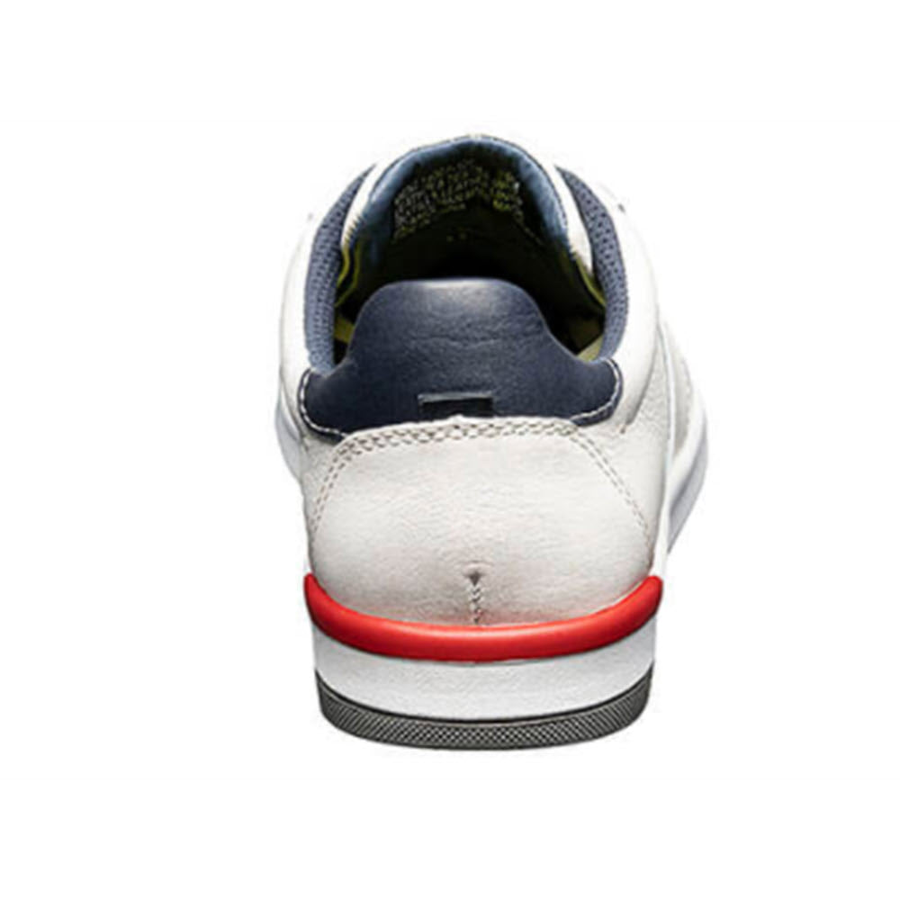 Back view of a white Florsheim FLORSHEIM CROSSOVER LACE WHITE - MENS Sneaker with red detailing and natural leather upper.