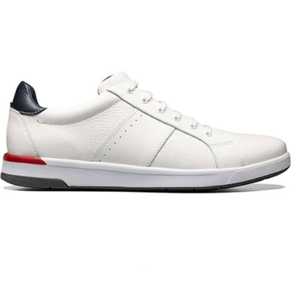 White low-top FLORSHEIM CROSSOVER LACE Sneaker with blue heel accent, red sole detail, and a comfort tech footbed.