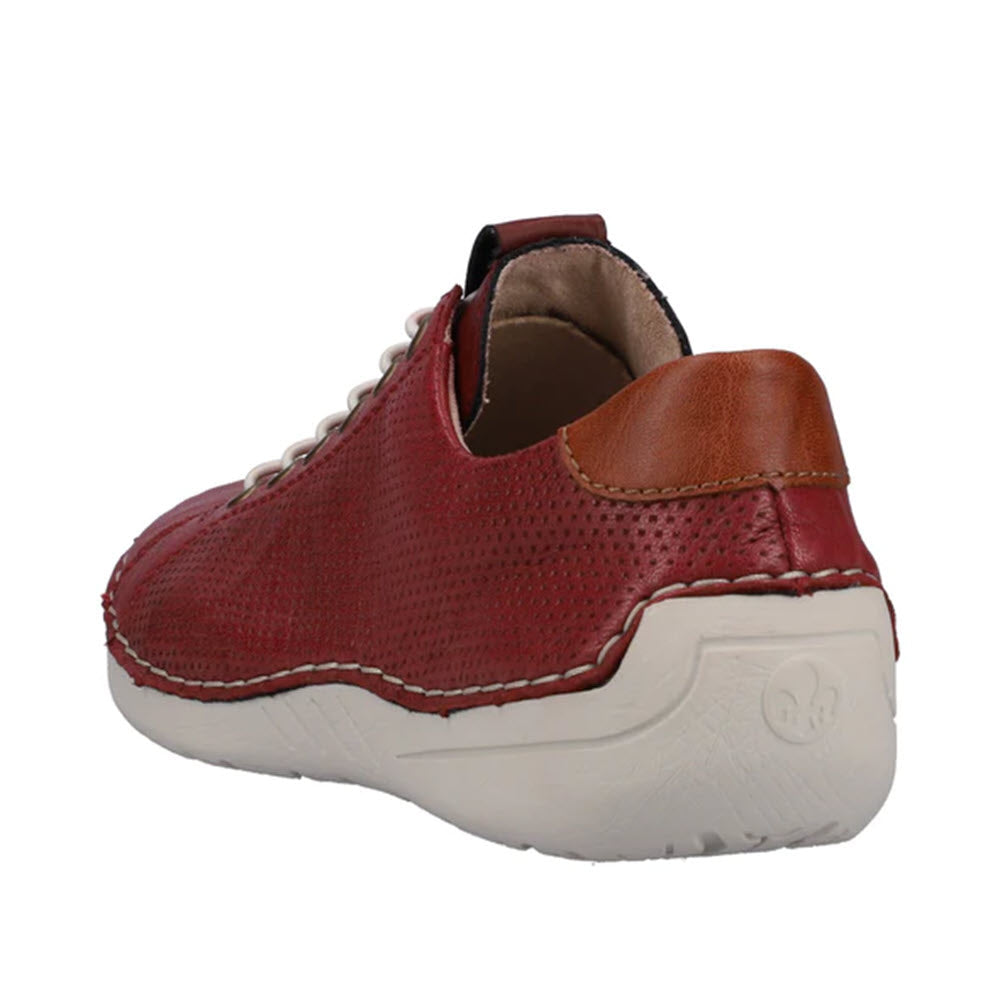 Red leather sneaker with perforated detail, contrasting tan leather trim, and white sole, displayed on a white background. This is the Rieker Euro Bungee Walker Wine - Womens.