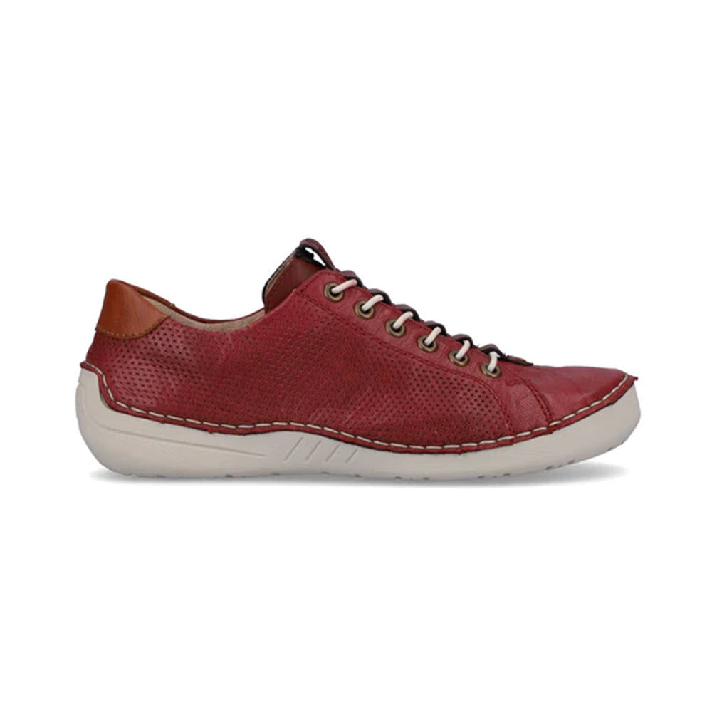RIEKER EURO BUNGEE WALKER WINE - WOMENS red leather casual shoe with lace-up front and white sole, displayed on a white background.
