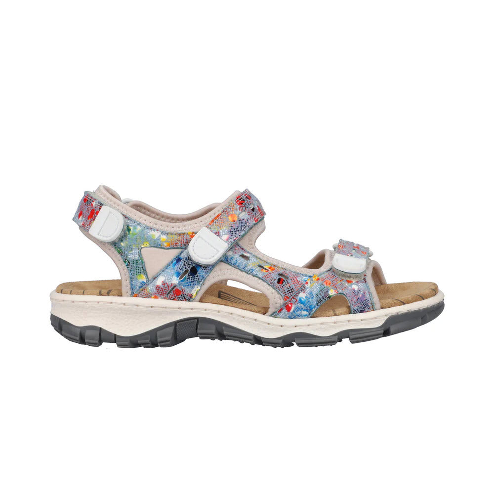 Colorful children&#39;s sandals with floral print and dual velcro straps, ideal for summer walking, displayed on a white background.