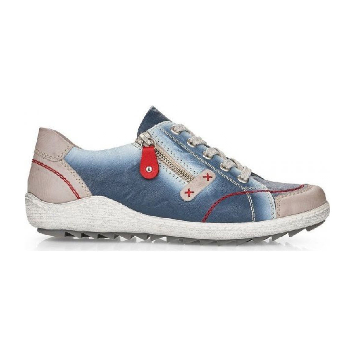 A single REMONTE EURO CITY WALKER BLUE MULTI sneaker in leather upper with red accents on a white background.
