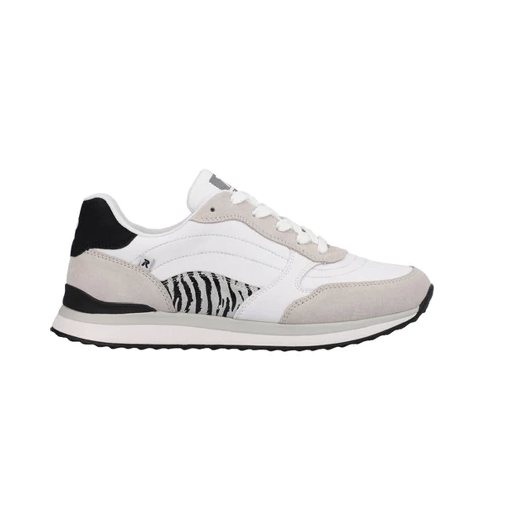 White leather Revolution Retro Street sneaker with zebra stripe detail on the side, viewed in profile against a clean white background.