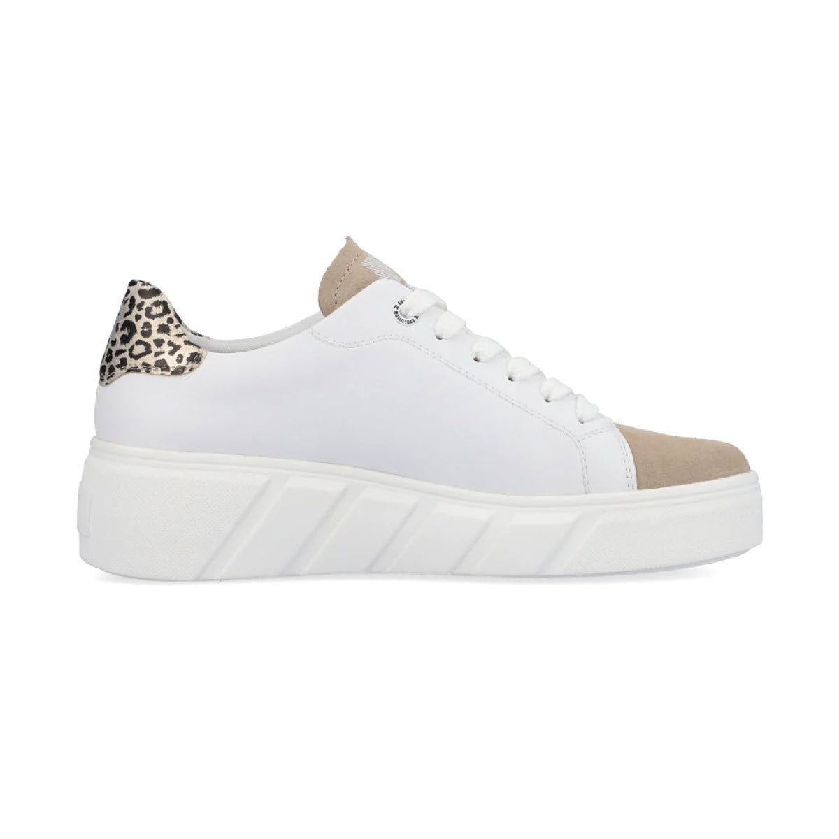Revolution platform street sneaker in white with a beige toe cap and leopard print detail on the heel, featuring a leather upper.