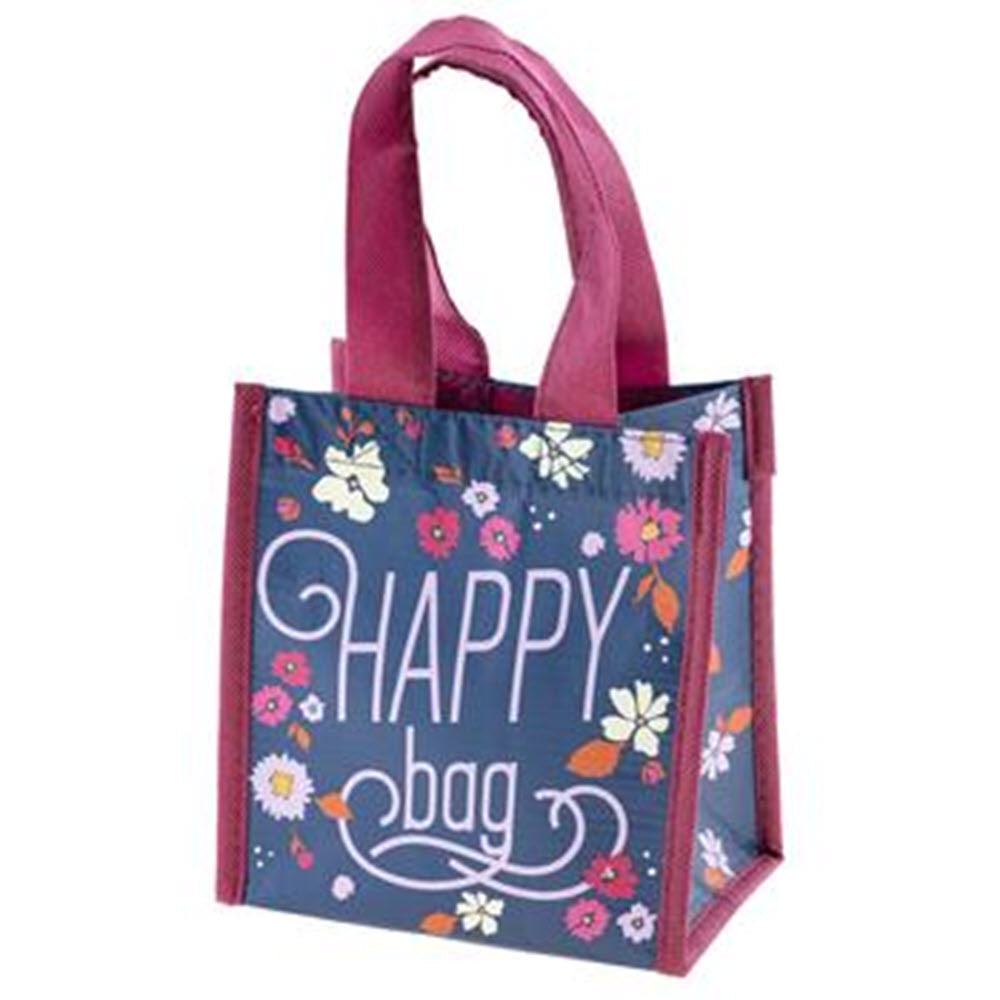 Karma reusable tote bag, crafted from recycled materials, with floral design and the text &quot;happy bag.